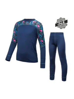 SENSOR MERINO IMPRESS SET dětský triko dl.rukáv + spodky deep blue/floral Zlevněný