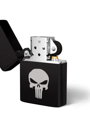 Značkový DRAGOWA benzínový zapalovač s gravírováním Punisher, černý