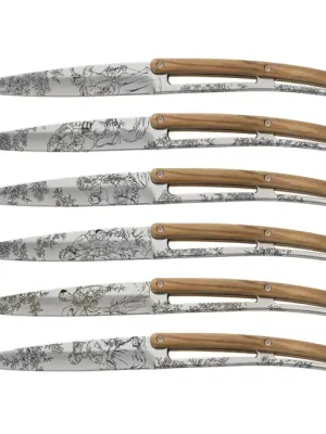 Deejo sada 6 steakových nožů lesklá čepel olivové dřevo design Toile de Jouy Přímo Od Výrobce