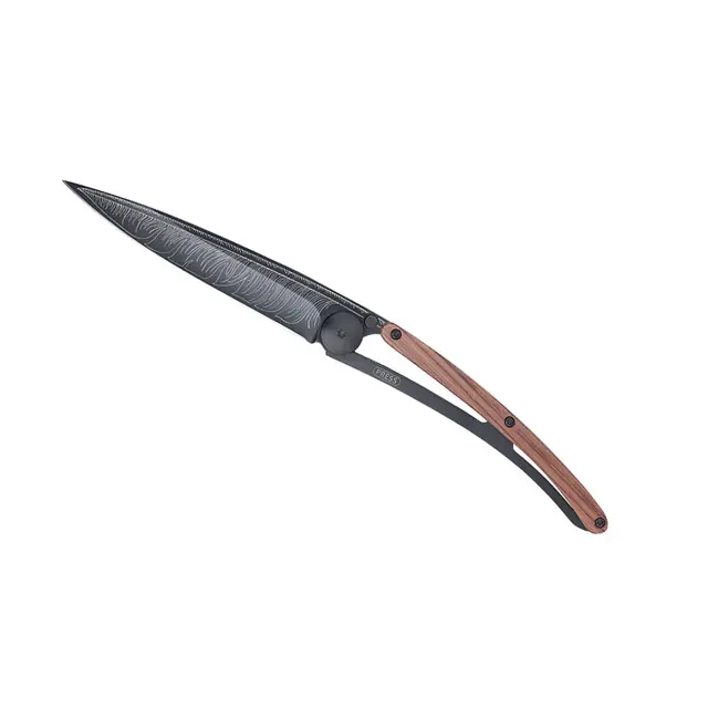 Autentický Deejo zavírací nůž Black tattoo coralwood Feather