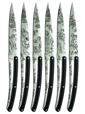 Deejo sada 6 steakových nožů lesklá čepel zubaté ostří rukojeť černý ABS design Toile de Jouy Aktuální