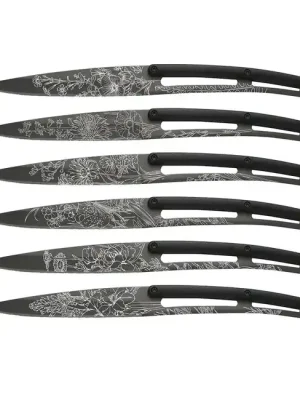 Akce Deejo sada 6 steakových nožů čepel černý titan zubaté ostří rukojeť černý ABS design Blossom