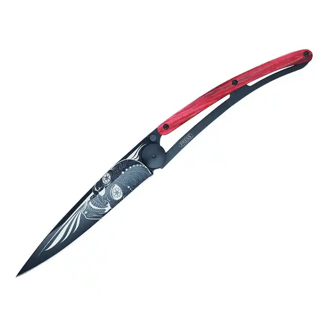 Vysoce Kvalitní Deejo zavírací nůž Black tattoo biker red beech Latino skull